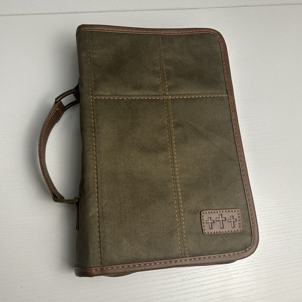 Zondervan XL Bible Cover Green Suede with Brown Trim, Handle, Zipper 11" x 7.5"